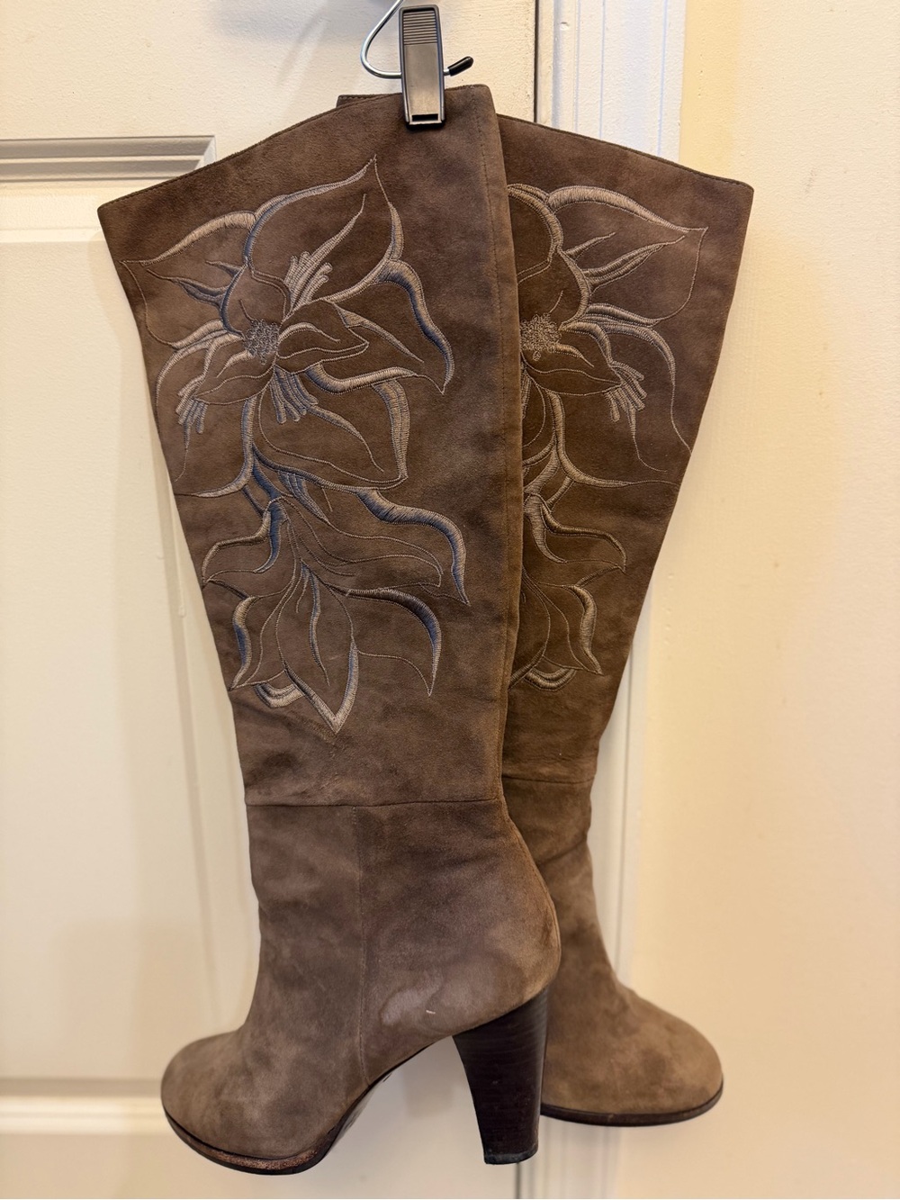 Isola Taupe Suede Over-the-Knee Boots with Floral Stitching